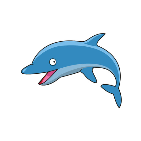 Jumping blue bottlenose dolphin cartoon character with curved tail and cheerful smile, for underwater wildlife mascot designのイラスト素材