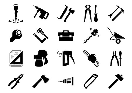 Hammers, screwdrivers, axes, saws, pliers, jackhammer, crowbar, wrench, vernier caliper, set square, toolbox, drill machine, wheelbarrow, drawing, spray gun, chainsaw and staple gun black icons setのイラスト素材