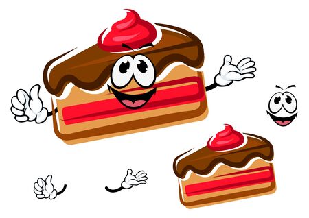 Funny cartoon sweet cake slice with little hands and face, isolated on white backgroundのイラスト素材