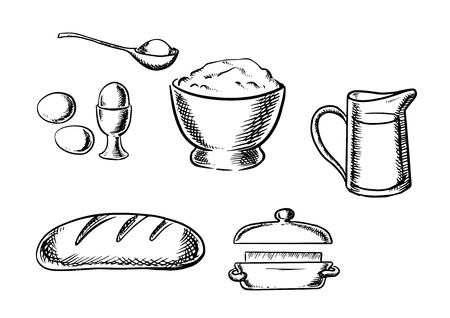 Black and white sketch baking ingredient icons with eggs, flour, milk, bread and butterのイラスト素材