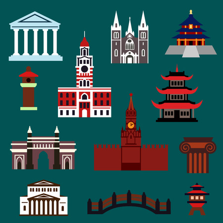 Famous world landmarks flat icons with temples, palaces, ancient buildings and architecture detailsのイラスト素材