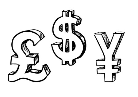 Sketch currency signs with the pound sterling, dollar and yen, black and white iconsのイラスト素材