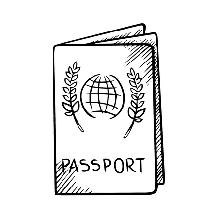 Passport with globe and olive branches on the cover isolated on white background, outline sketch styleのイラスト素材