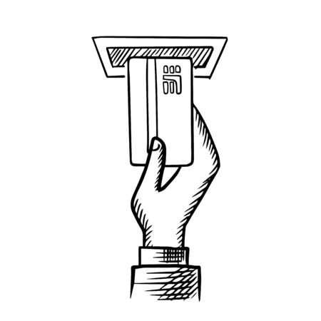Hand inserting plastic credit card into ATM slot isolated on white background, outline sketch styleのイラスト素材