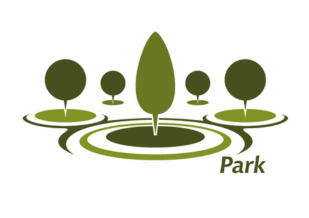 Green park abstract icon with round green lawns and trimmed decorative trees for nature or landscape designのイラスト素材