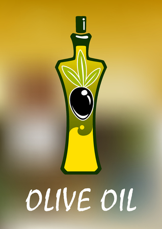 Olive oil bottle with elegant curved sides, golden oil splash on the bottom and black olive fruit over blurred background for healthy food or agriculture designのイラスト素材