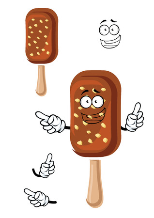 Ice cream on stick cartoon character covered with milk chocolate and nuts for food or dessert designのイラスト素材
