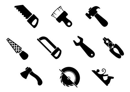 Hand tools icons with claw hammer, wrench, pliers, axe, paintbrush, hand saw, flat rasp, hacksaw and jack planeのイラスト素材