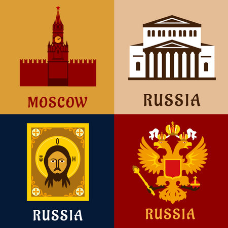 Cultural, historic and religion flat symbols of Russia with Moscow Kremlin tower, double-headed imperial eagle, orthodox icon of Jesus Christ and Grand Theaterのイラスト素材