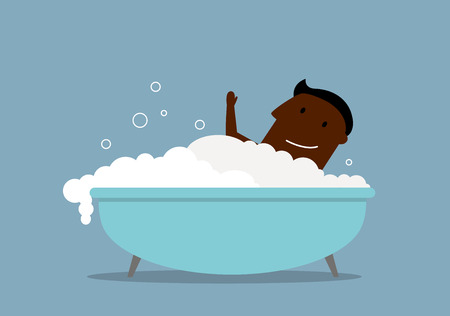 African american businessman washing in bath with foam and relaxing. Cartoon flat styleのイラスト素材
