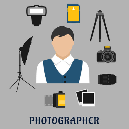 Photographer profession flat icons with man surrounded by digital camera, lens, tripod, memory card, camera film, instant films, flash and lightning umbrellaのイラスト素材