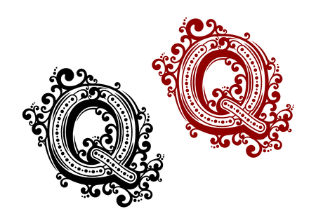 Retro stylized capital letter Q in black and red colors with floral elements for invitation or monogram designのイラスト素材