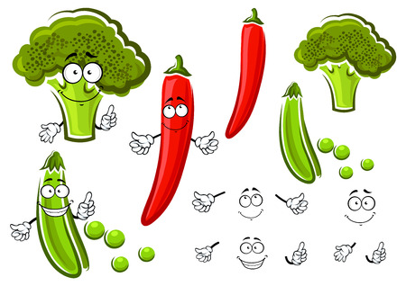 Green pea pod, broccoli and red chilli pepper vegetables cartoon characters with smiling faces. For vegetarian food or agriculture themeのイラスト素材