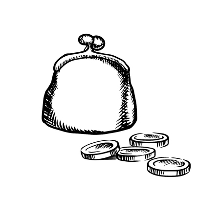 Big vintage purse with metal clasp and coins isolated on white background,  sketch iconのイラスト素材