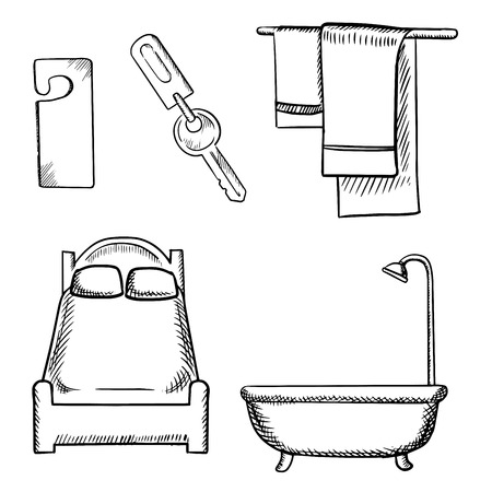 Sketch of hotel service icons with key, door tag, comfortable bed, bath and set of towels isolated on white backgroundのイラスト素材