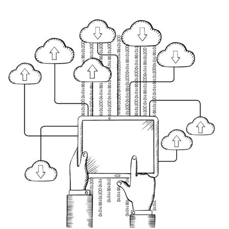 Tablet pc in people hands, connected to cloud data storage with data streams, download and upload process,  sketch styleのイラスト素材