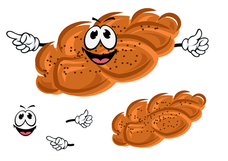 Happy sweet plaited bun cartoon character with poppy seeds and cheerful face for bakery shop or food themes designのイラスト素材