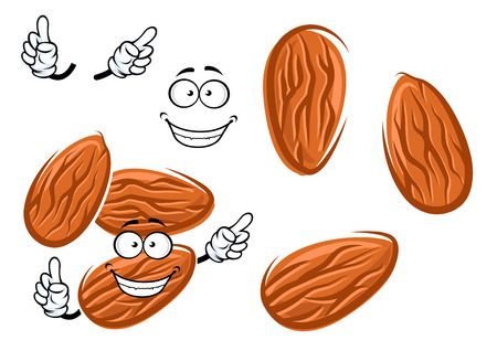 Joyful almond seed cartoon character with brown peel, isolated on white backgroundのイラスト素材