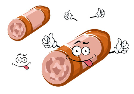 Bologna sausage stick cartoon character with meat and lard on the cut, giving thumb up sign. For butcher shop menu or food pack designのイラスト素材