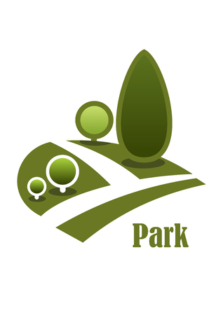 Summer park landscape icon with secluded walkway among green lawns with trees and bushes isolated on white background with text Parkのイラスト素材