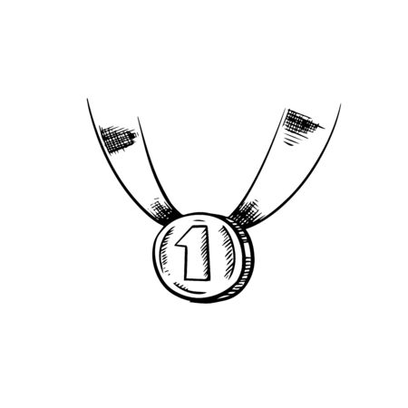 Golden champion first place medal on ribbon isolated on white background, sketch styleのイラスト素材