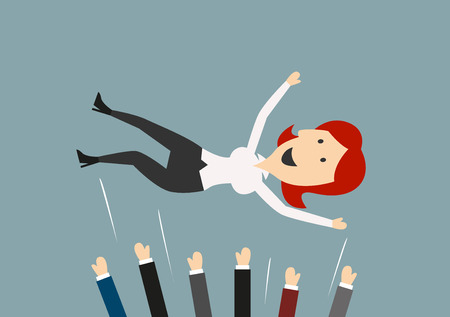 Happy businesswoman being throwing in the air by colleagues or business team during celebration, for success concept design. Cartoon flat styleのイラスト素材