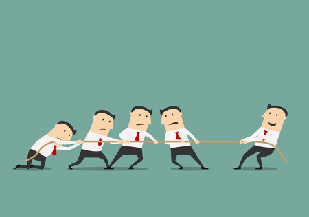 Successful and powerful businessman competing with group of businessmen in a tug of war battle, for leadership or business competition concept design. Cartoon flat styleのイラスト素材