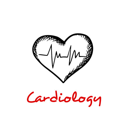 Cardiology concept with sketches of heart and heartbeat cardiogram graph isolated on white background with caption Cardiologyのイラスト素材