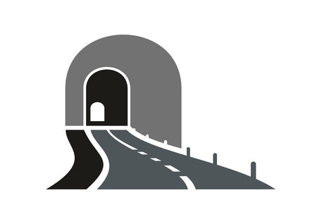 Dark gray road tunnel abstract icon with speedy highway leading to underpass entrance, isolated on white background. For transportation themeのイラスト素材