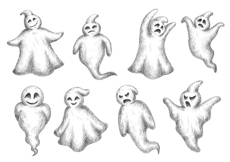 Halloween flying monsters and ghosts in sketch style. For holiday party or invitation designのイラスト素材