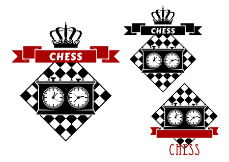 Chess game symbols with chess clocks on chessboard, supplemented by ribbon banners and royal crownsのイラスト素材