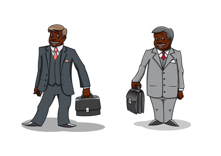 Cartoon well dressed dark-skinned businessmen carrying briefcases. For office team theme designのイラスト素材