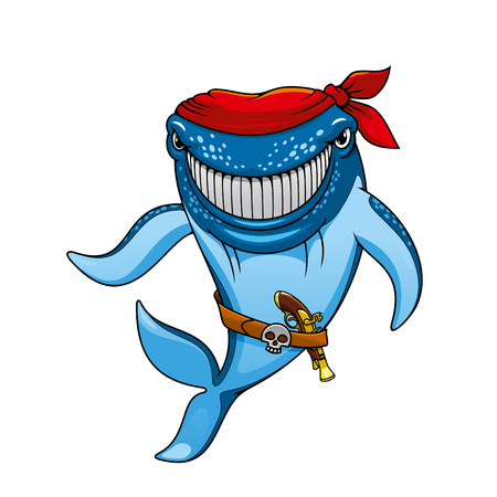 Smiling blue whale pirate cartoon character wearing in red bandanna and belt with jolly roger buckle and pistol, for mascot or childish designのイラスト素材