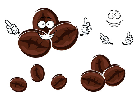 Happy cartoon brown coffee beans overlapping each other with a smiling face and arms. For food and drinks themes designのイラスト素材