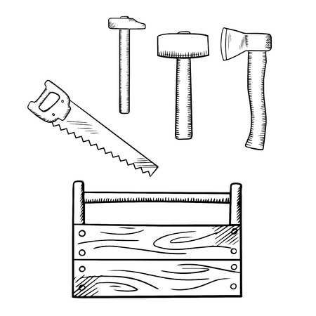Handmade wooden toolbox with hammers, axe and hand saw, for carpentry tools design, sketch iconsのイラスト素材
