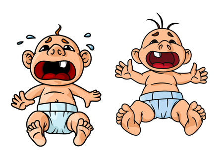 Cartoon crying babies with wide open mouths and tear drops around one of them, for childish theme conceptのイラスト素材