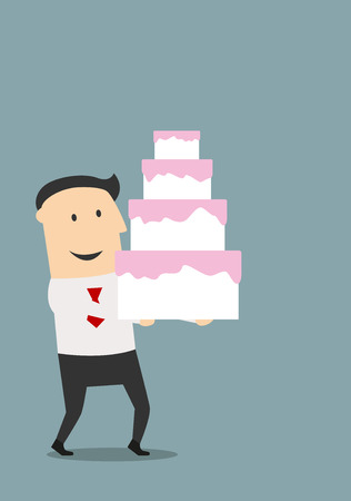 Businessman carrying a multi-tiered birthday or wedding cake with pink icing, cartoon flat imageのイラスト素材