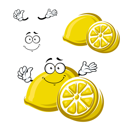 Funny cartoon happy ripe yellow lemon fruit isolated on white. For nutrition or juice themes designのイラスト素材