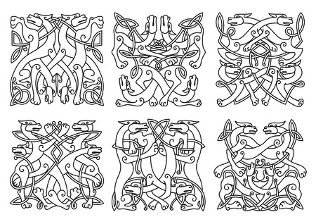 Intricate entwined mystical dogs or wolves in overall square format in a black and white outline patterns,のイラスト素材