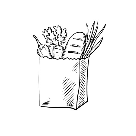 Paper shopping bag with fresh carrot, green onion, zucchini vegetables and loaf of bread. Sketch styleのイラスト素材