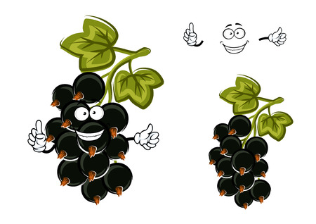 Delicious fresh black currant fruit cartoon character with smiling bunch of glossy berries, isolated on whiteのイラスト素材