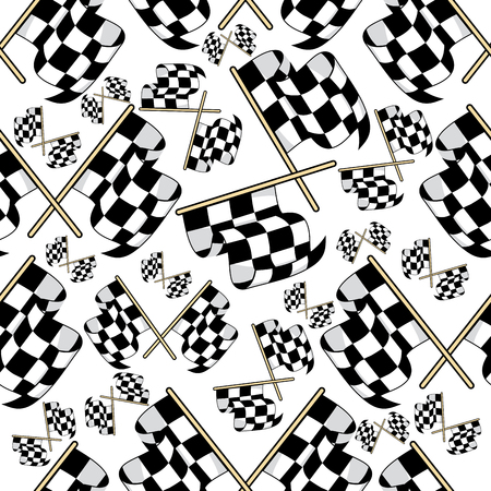 Seamless pattern of black and white crossed motor racing flags in a variety of sizes in a scattered patternのイラスト素材