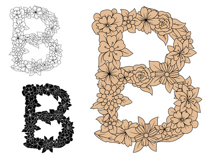 Uppercase letter B in an intricate floral design for a decorative typographical design element in three different color variations, isolated on whiteのイラスト素材