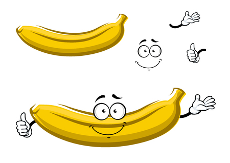 Sweet yellow cartoon banana fruit character with happy face, isolated on white, for healthy food themeのイラスト素材