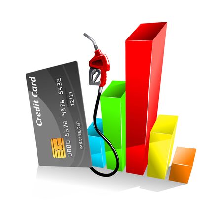 Credit card with gas pump nozzle near of colorful bar chart of decreasing gasoline price. For gas and oil industry themeのイラスト素材