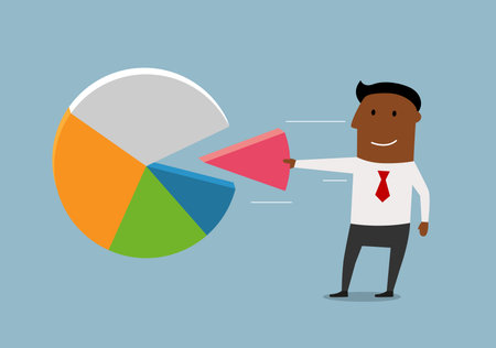 African american businessman take away a market share from colorful pie chart of global marketのイラスト素材