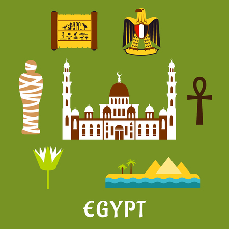 Egypt travel flat icons with Cairo mosque, pharaoh mummy, desert landscape with pyramids and sea, sacred lotus flower, papyrus with hieroglyphics, eagle emblem and ankh symbolのイラスト素材