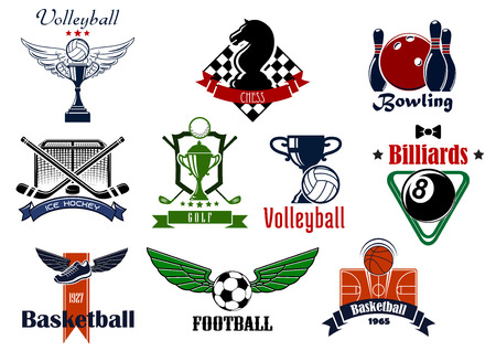 Sports club or team emblems and icons for football, soccer, basketball, ice hockey, bowling, billiards, golf, chess and volleyball game with itemsのイラスト素材