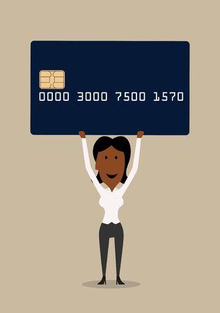 Happy cartoon smiling african american businesswoman presenting a bank credit card, for financial or banking concept designのイラスト素材