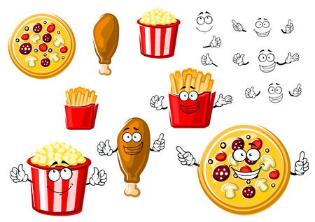 Joyful cartoon fast food pizza, fried chicken leg, french fries box and striped bucket of popcorn, for fastfood or takeaway menu themeのイラスト素材